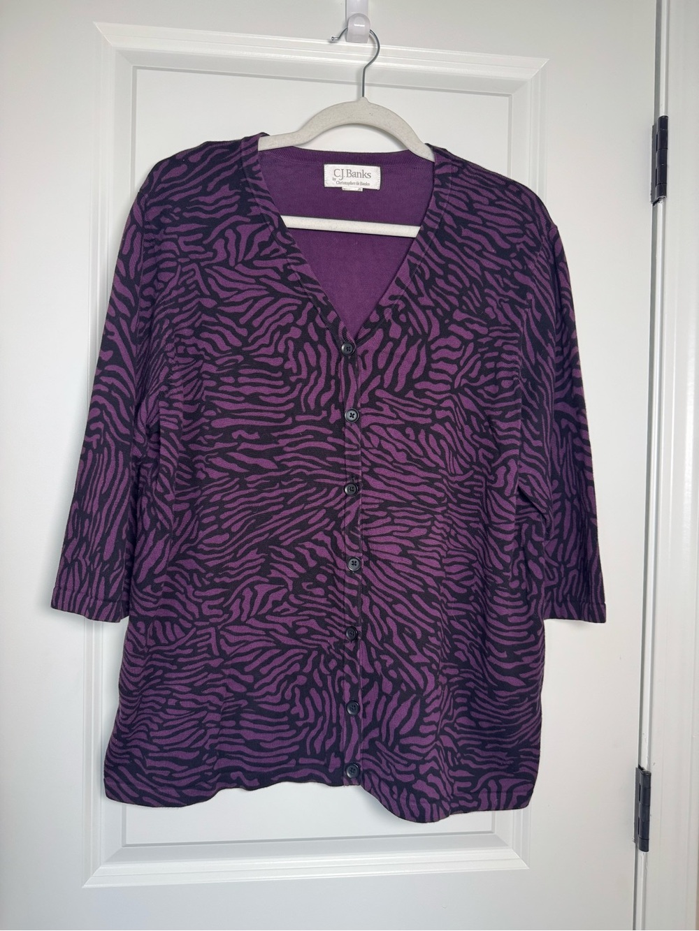CJ Banks Purple Zebra-Pattern Button Front Top
